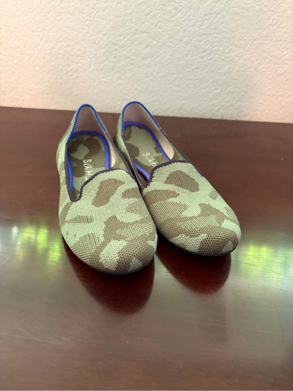 Rothy's Olive Camo Slip-On Flats with Blue Trim